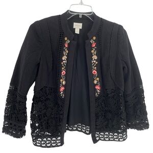 Chicos Embroidered Floral Crochet Lace Open Jacket - Chico's Sz 1 = US Sz M/8